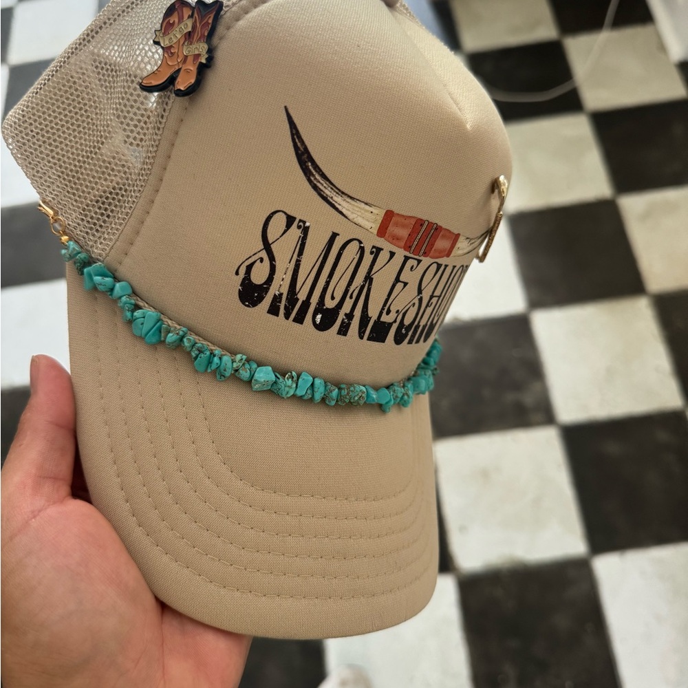 Tan 'Smokeshow' Trucker Hat with Turquoise Beads - Picture 2 of 3